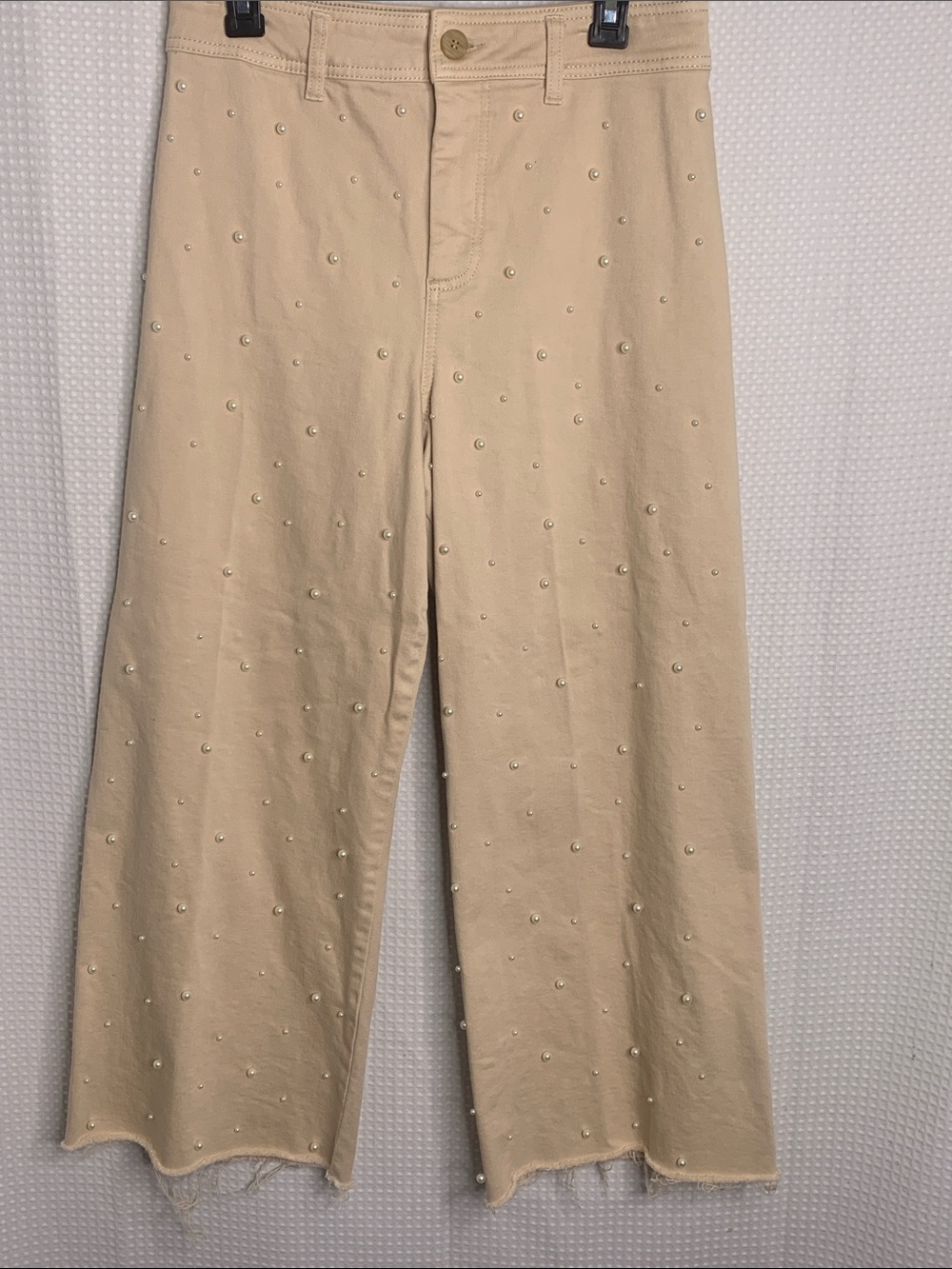 Antonio Melani Peach Cream Pearl embellished Wide-Leg cropped Raw hem pant 10